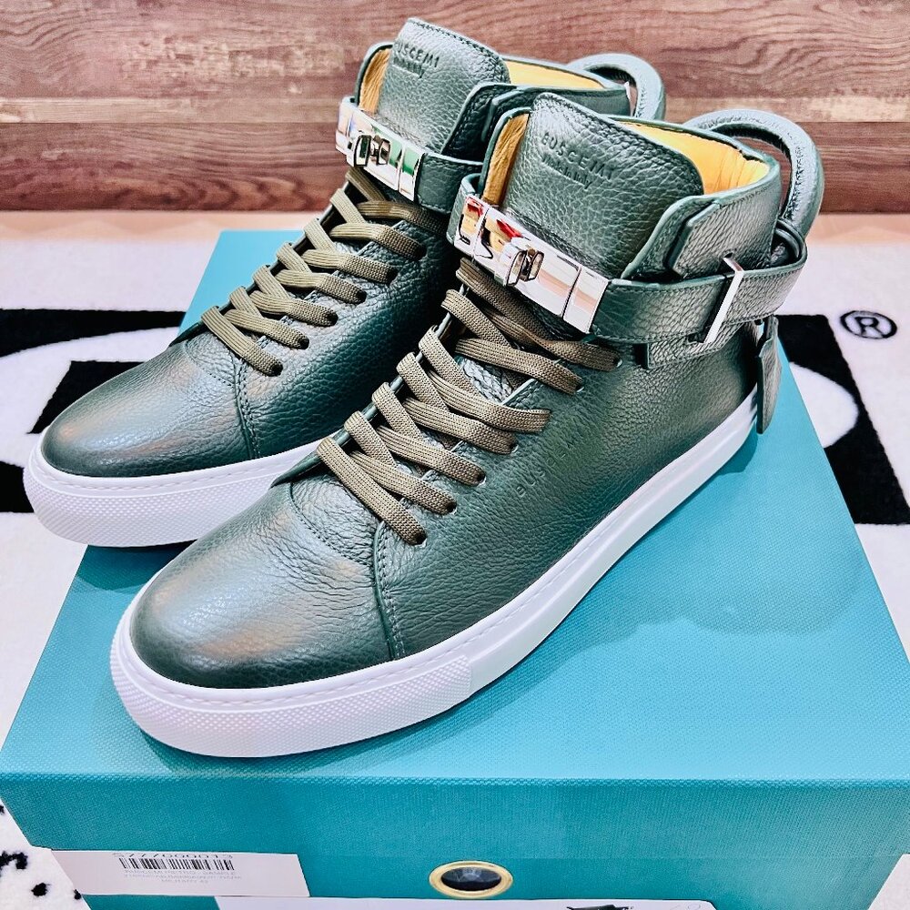 Buscemi 100mm High Top Padlock Clip Strap Leather Sneakers - Dark Military